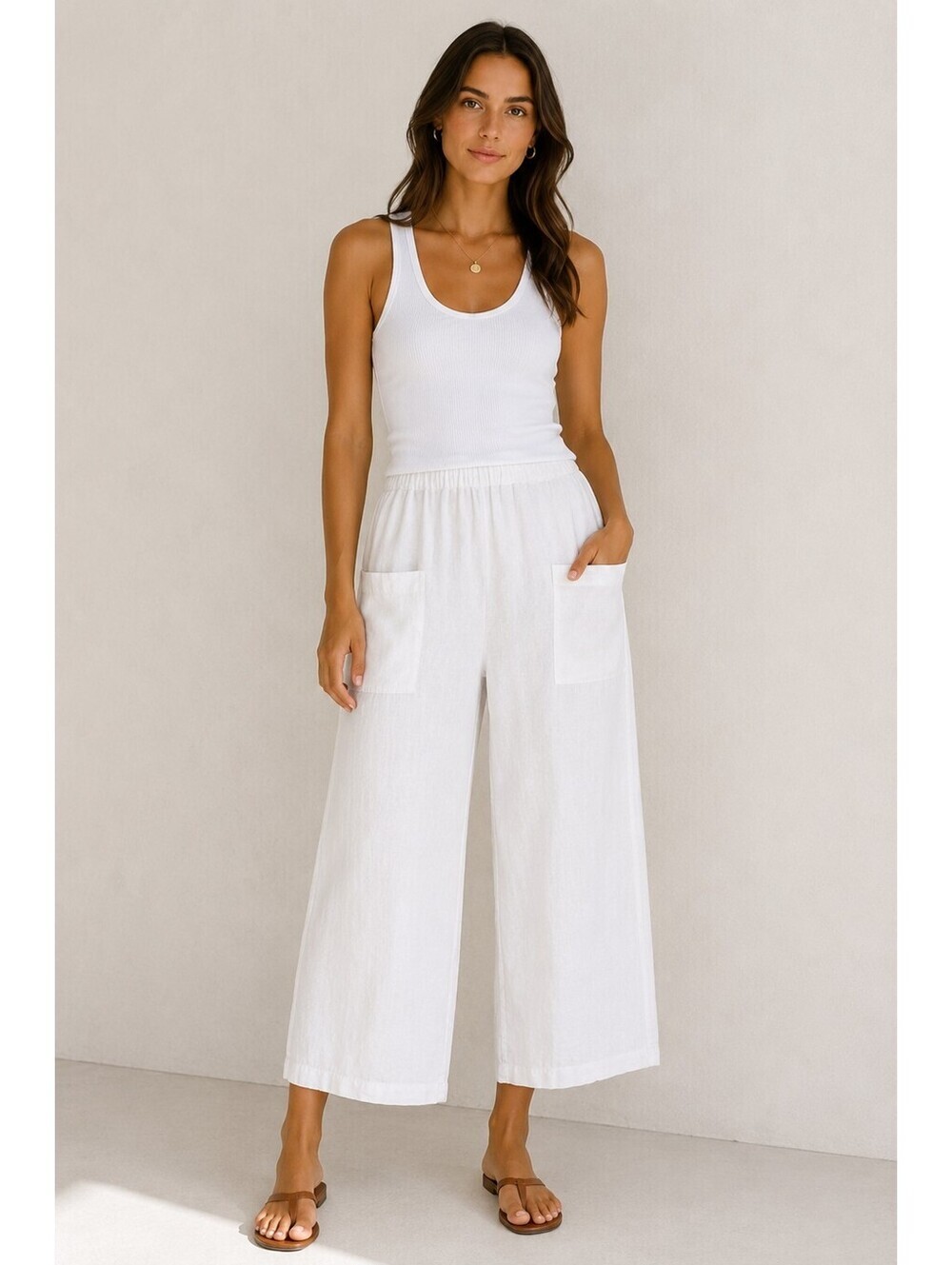 Pure Jill 100% Linen White Wide Leg Crop Pants Pull On Elastic Waist Pockets